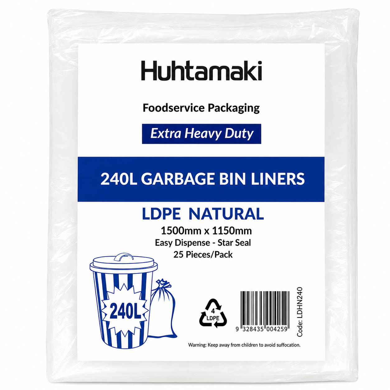 Extra Heavy Duty Bin Liners – LDPE 240L (Black Roll & Natural Flat Pack)