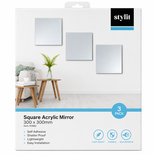 Stylit Square Acrylic Mirror - Self Adhesive Shatterproof 300x300mm (Pack of 3)