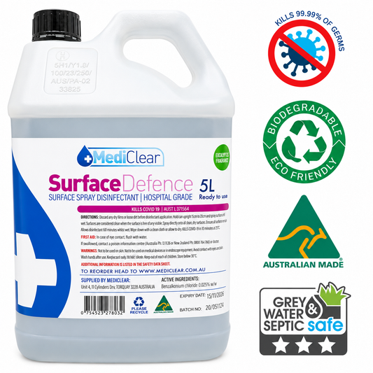 Mediclear Surface Defence Antibacterial Surface Sanitiser & Cleaner - Eucalyptus (750ml, 5L & 25L)