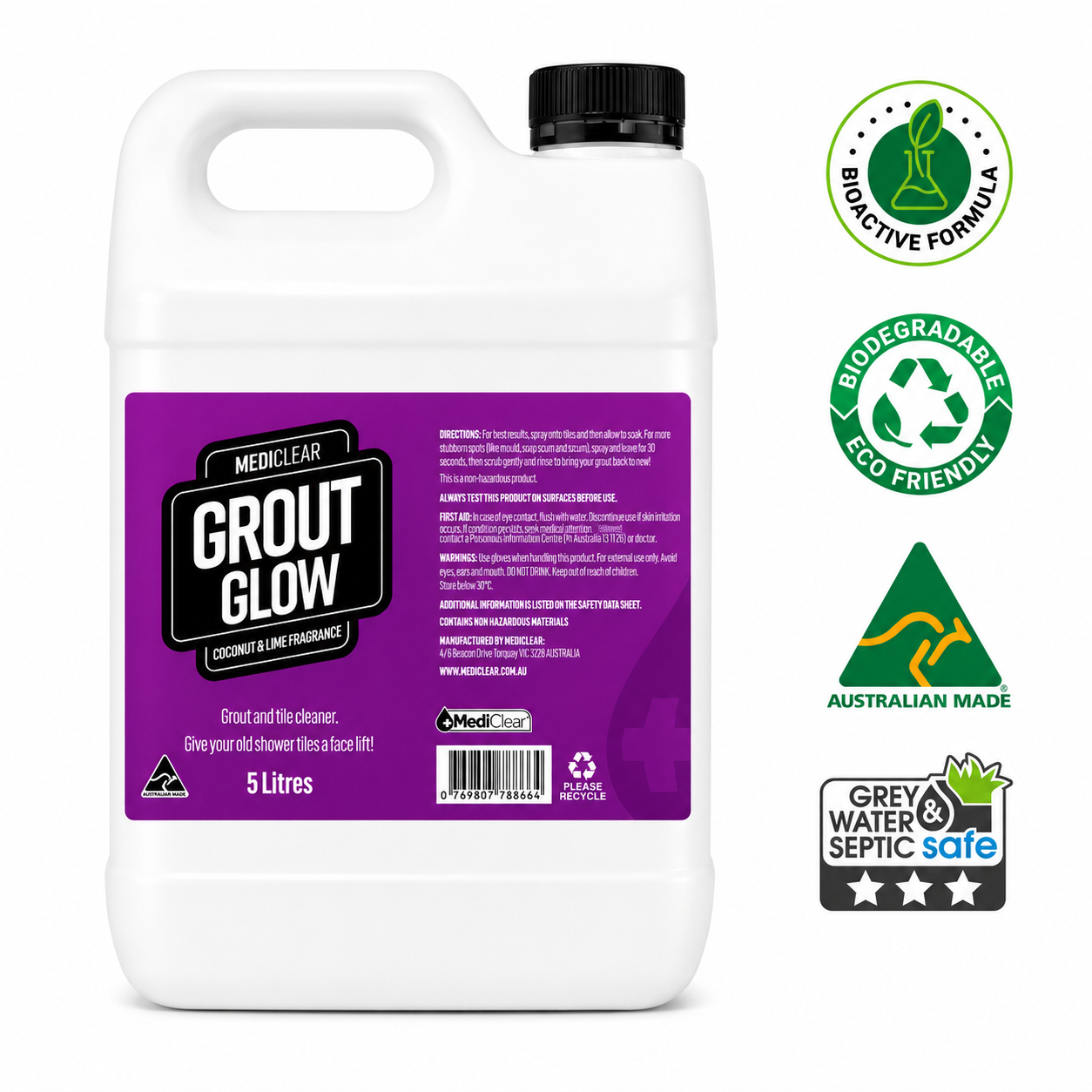 Mediclear Grout Glow Grout Cleaner & Mould Preventer - Coconut & Lime (750ml, 5L & 25L)