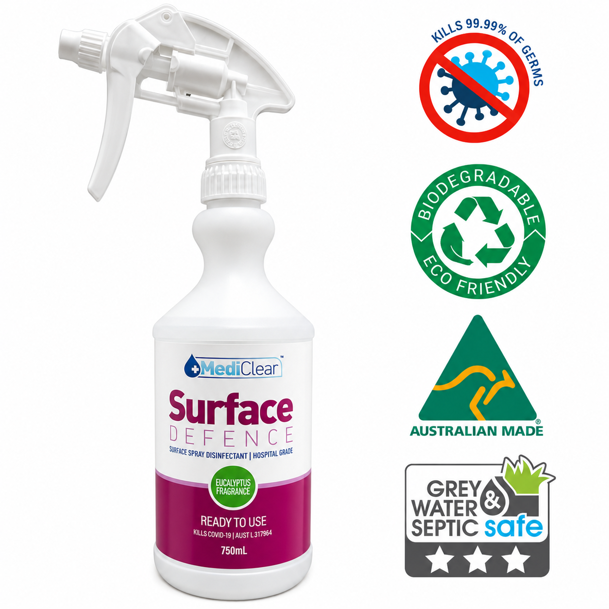 Mediclear Surface Defence Antibacterial Surface Sanitiser & Cleaner - Eucalyptus (750ml, 5L & 25L)