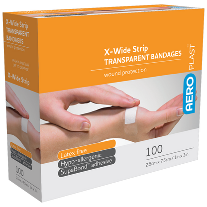 AEROPLAST TRANSPARENT X-WIDE STRIP 7.5 X 2.5CM BOX/100