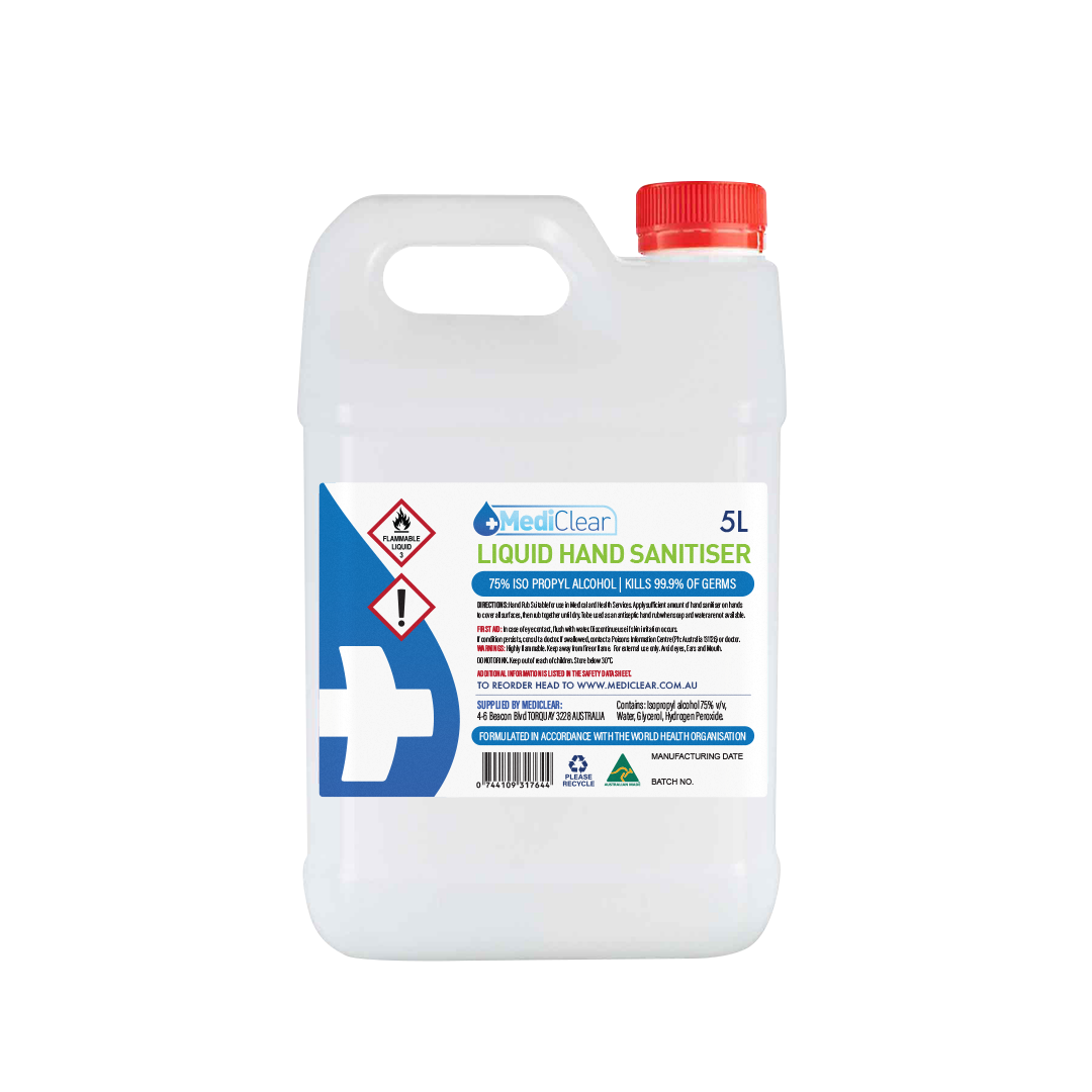 Mediclear Liquid Hand Sanitiser - 75% Isopropyl Alcohol, WHO Formula (300ml, 5L & 25L)