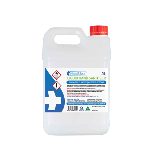 Mediclear Liquid Hand Sanitiser - 75% Isopropyl Alcohol, WHO Formula (300ml, 5L & 25L)