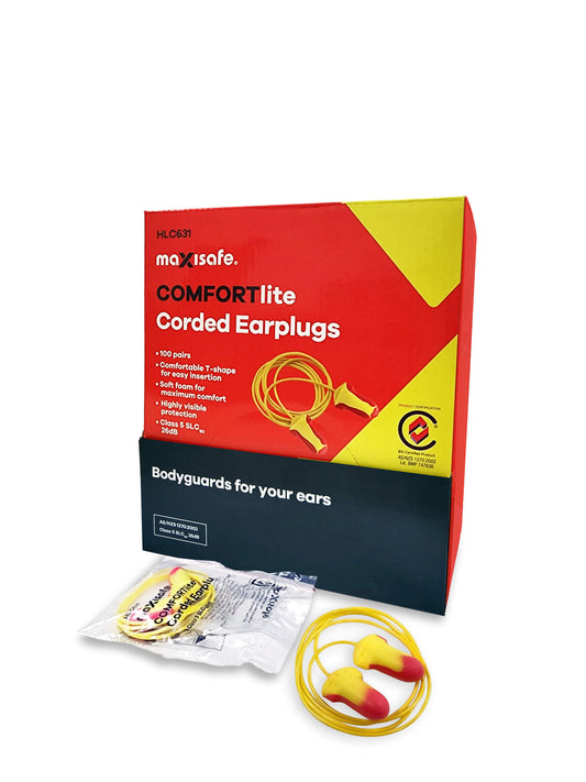 Maxisafe COMFORTlite T-Shaped Corded Earplugs – Class 5 Polyurethane (Box of 100 Pairs)