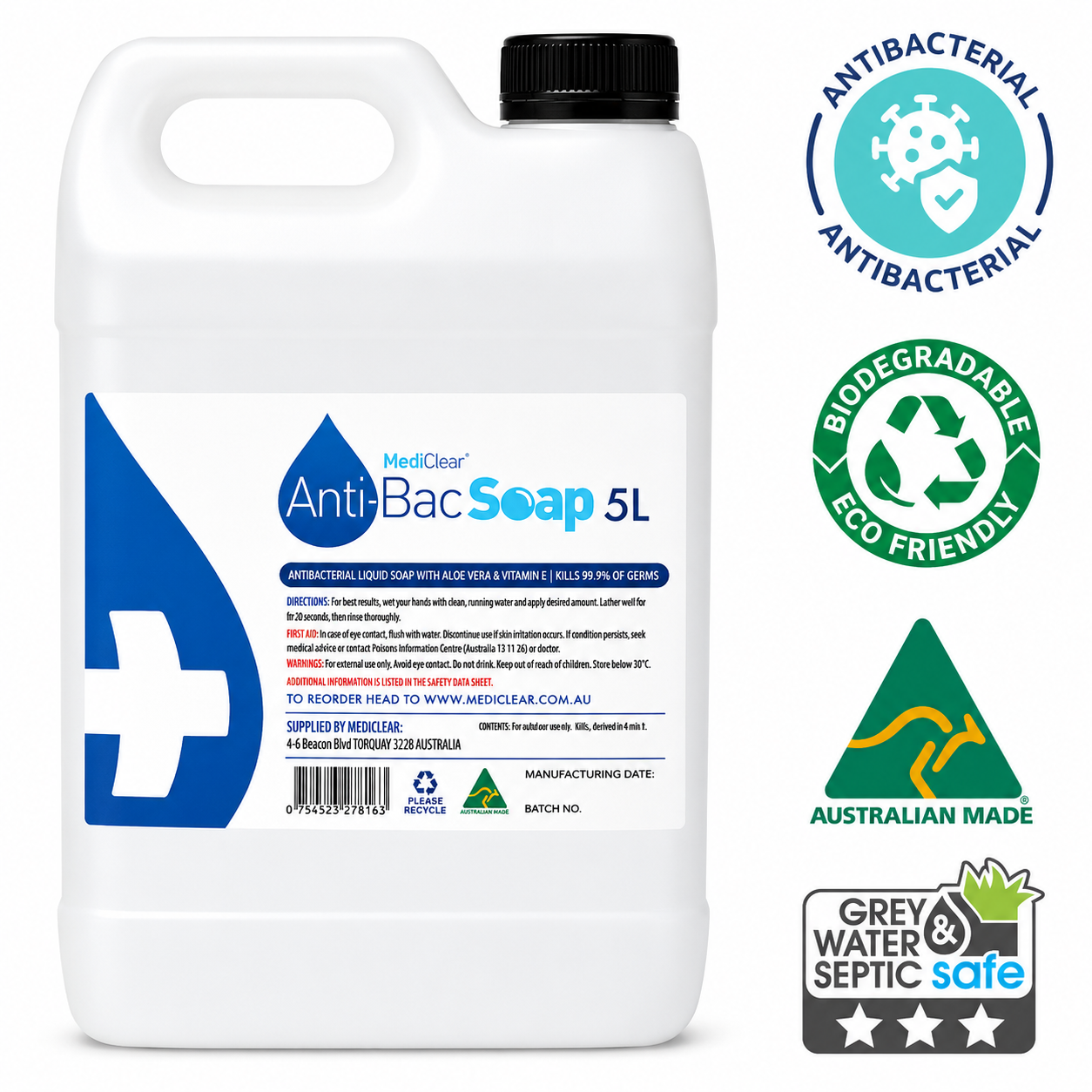 Mediclear Anti-Bacterial Liquid Hand Soap – Sensitive Skin Formula (500ml, 5L & 25L)