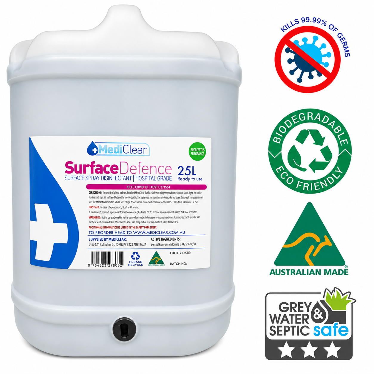 Mediclear Surface Defence Antibacterial Surface Sanitiser & Cleaner - Eucalyptus (750ml, 5L & 25L)