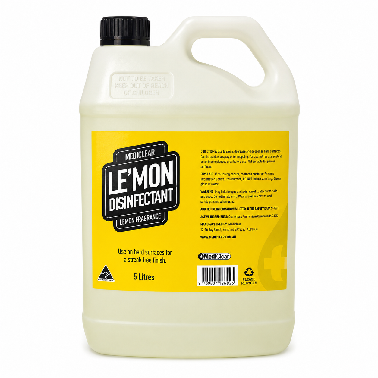 MediClear Le'Mon Lemon Disinfectant – Antibacterial Surface Cleaner & Sanitiser (750ml, 5L & 25L)